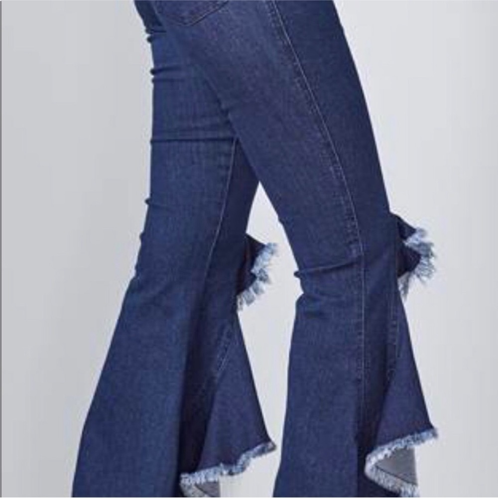 VENUS stretch dark blue high ruffle slit leg 5 pocket flared fitted denim Jeans - Picture 3 of 12
